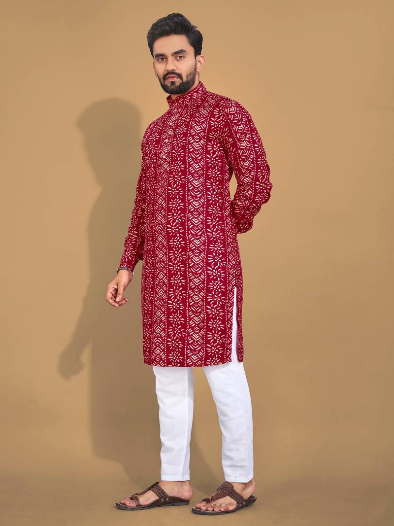 Maroon printed cotton straight kurta