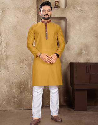 Mustard linen silk straight kurta 1