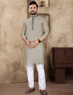 Grey linen silk straight kurta 1