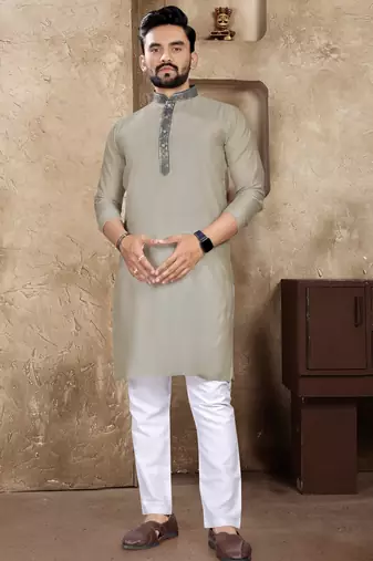 Grey linen silk straight kurta