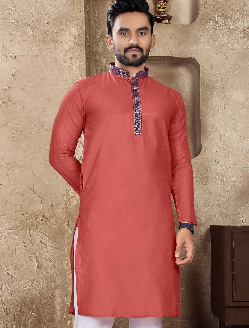 Peach linen silk straight kurta