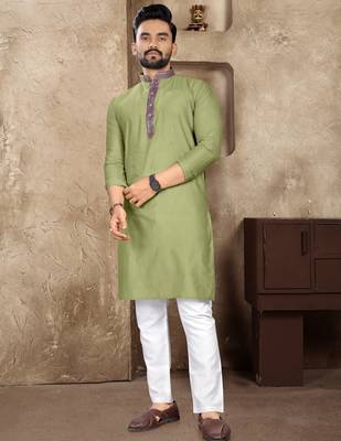 Green linen silk straight kurta 1