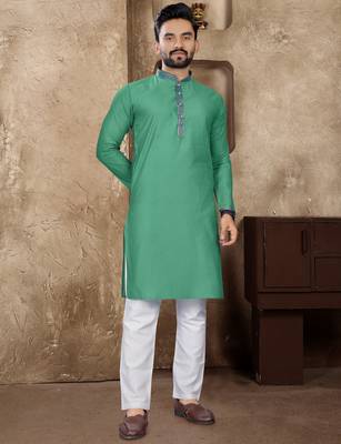 Rama green linen silk straight kurta 1