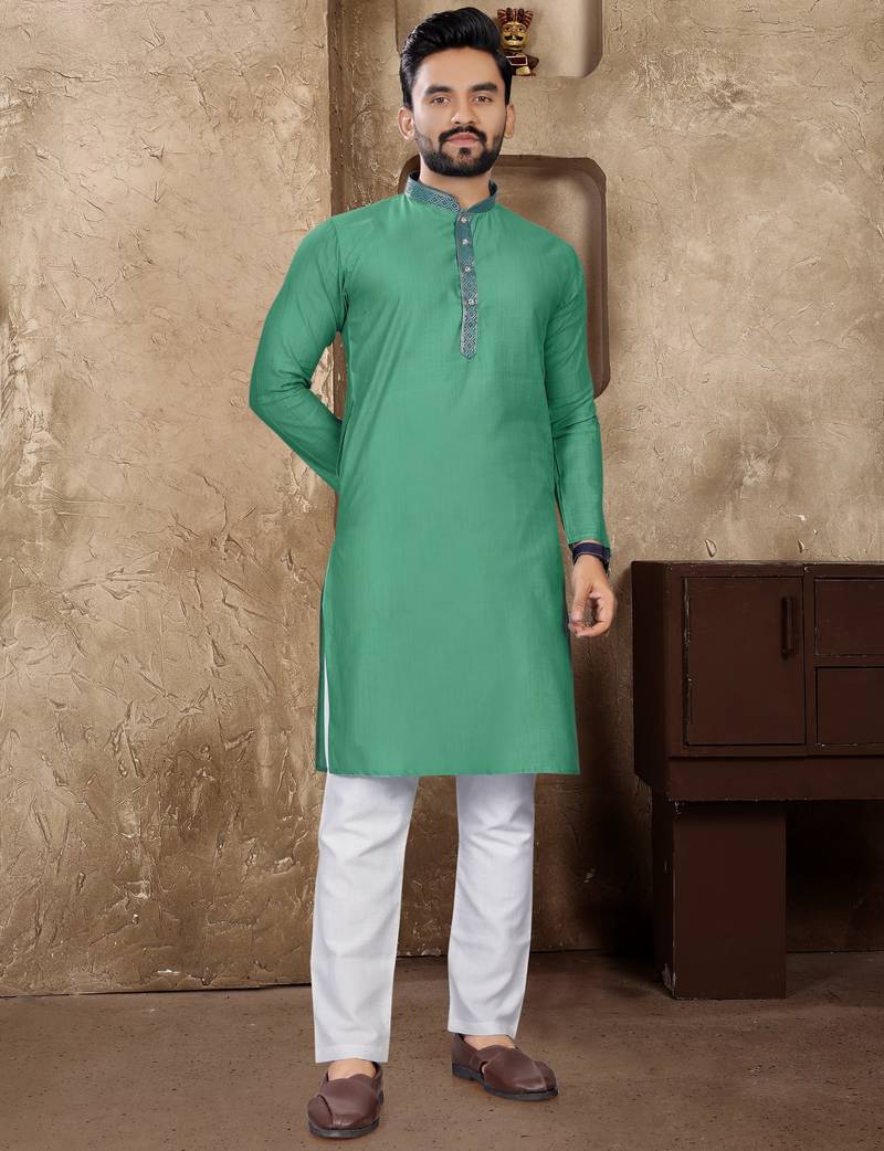 Rama green linen silk straight kurta
