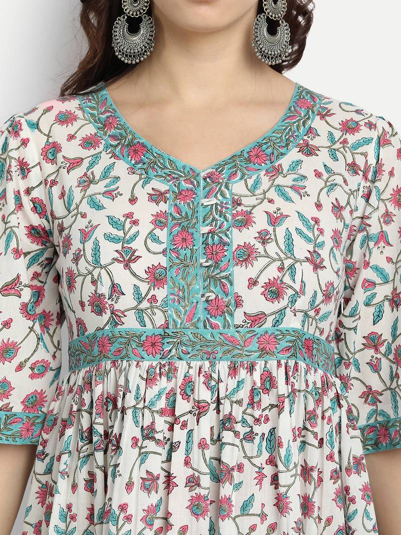 White Floral Printed Kurta