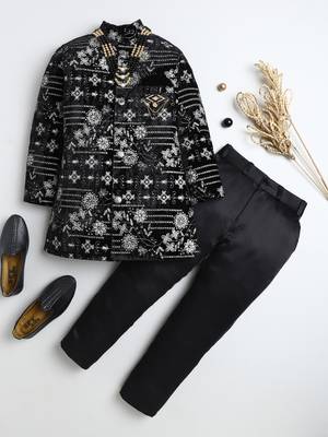 Boys black velvet floral vine embroidered sherwani & trousers set with necklace 1