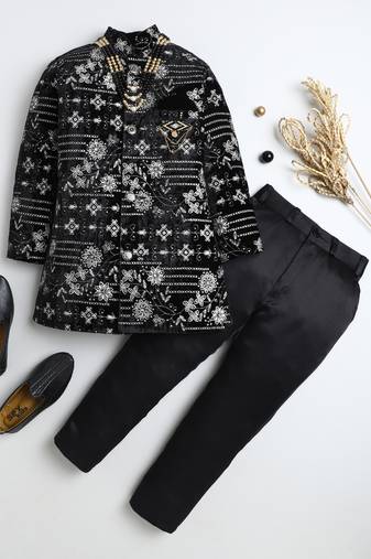 Boys black velvet floral vine embroidered sherwani & trousers set with necklace