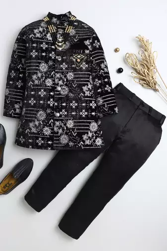 Boys black velvet floral vine embroidered sherwani & trousers set with necklace