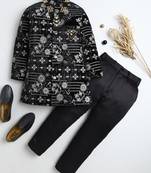 Boys black velvet floral vine embroidered sherwani & trousers set with necklace