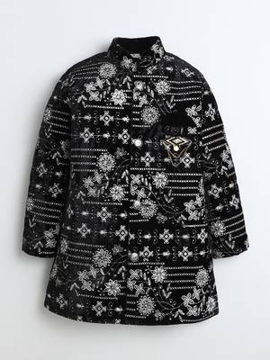 Boys black velvet floral vine embroidered sherwani & trousers set with necklace 2