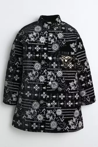 Boys black velvet floral vine embroidered sherwani & trousers set with necklace