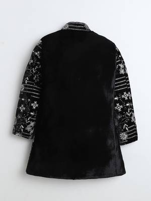 Boys black velvet floral vine embroidered sherwani & trousers set with necklace 3
