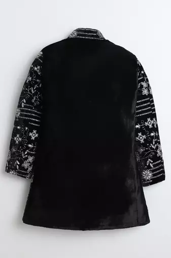 Boys black velvet floral vine embroidered sherwani & trousers set with necklace