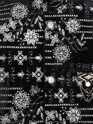 Boys black velvet floral vine embroidered sherwani & trousers set with necklace 4