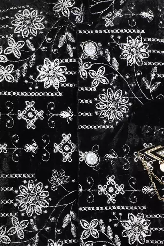 Boys black velvet floral vine embroidered sherwani & trousers set with necklace