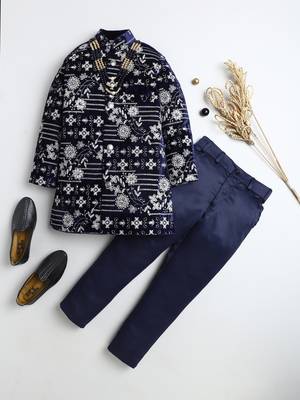 Boys navy blue velvet floral vine embroidered sherwani & trousers set with necklace 1