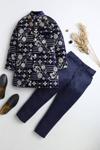 Boys navy blue velvet floral vine embroidered sherwani & trousers set with necklace