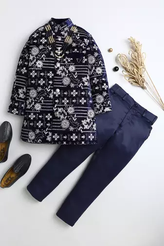 Boys navy blue velvet floral vine embroidered sherwani & trousers set with necklace