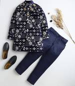 Boys navy blue velvet floral vine embroidered sherwani & trousers set with necklace