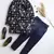 Boys navy blue velvet floral vine embroidered sherwani & trousers set with necklace