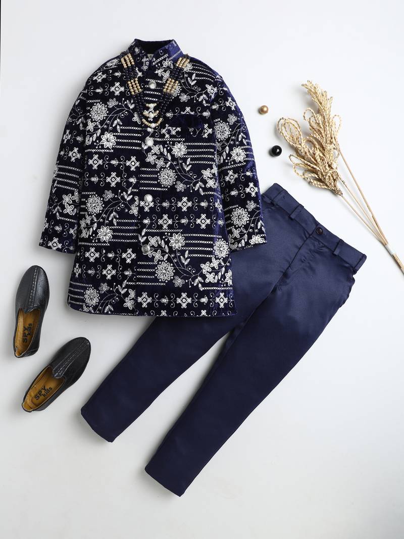 Boys navy blue velvet floral vine embroidered sherwani & trousers set with necklace