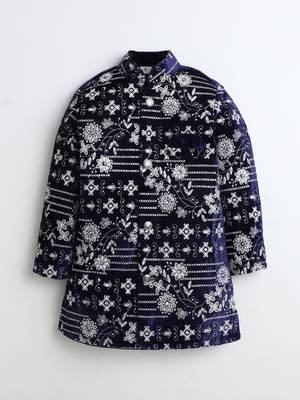 Boys navy blue velvet floral vine embroidered sherwani & trousers set with necklace 2