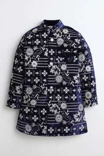 Boys navy blue velvet floral vine embroidered sherwani & trousers set with necklace