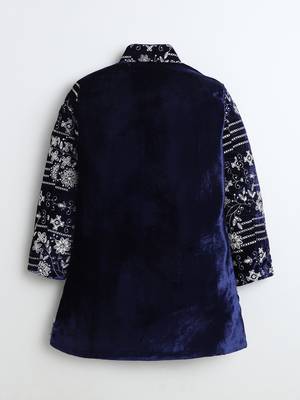 Boys navy blue velvet floral vine embroidered sherwani & trousers set with necklace 3