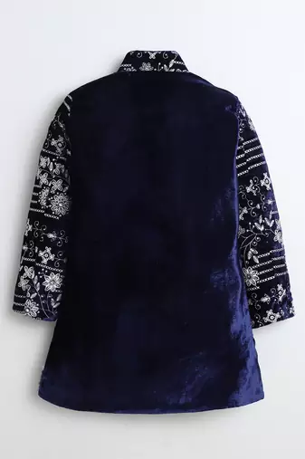 Boys navy blue velvet floral vine embroidered sherwani & trousers set with necklace