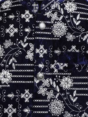 Boys navy blue velvet floral vine embroidered sherwani & trousers set with necklace 4