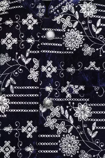 Boys navy blue velvet floral vine embroidered sherwani & trousers set with necklace