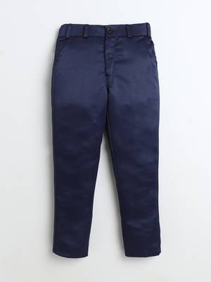 Boys navy blue velvet floral vine embroidered sherwani & trousers set with necklace 5