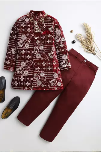 Boys maroon velvet floral vine embroidered sherwani & trousers set with necklace