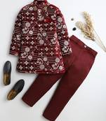 Boys maroon velvet floral vine embroidered sherwani & trousers set with necklace