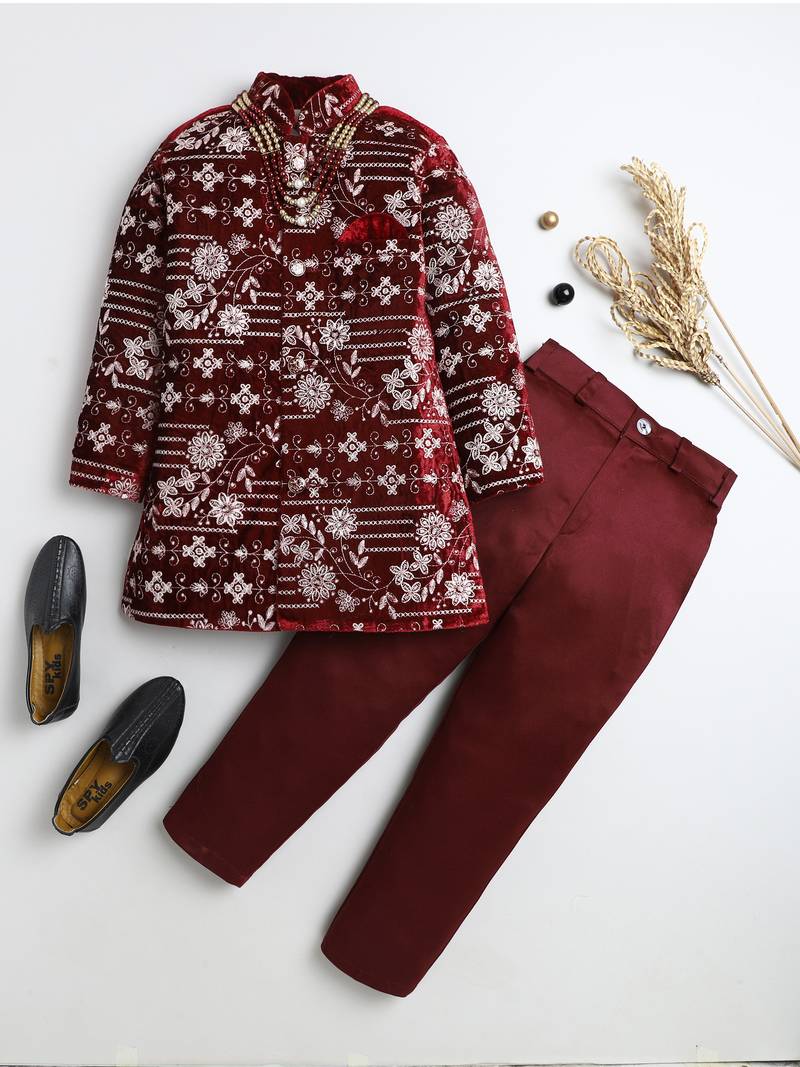 Boys maroon velvet floral vine embroidered sherwani & trousers set with necklace