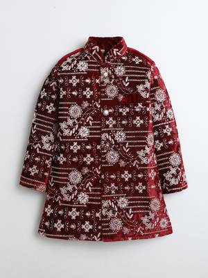 Boys maroon velvet floral vine embroidered sherwani & trousers set with necklace 2