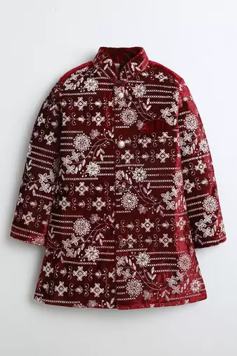 Boys maroon velvet floral vine embroidered sherwani & trousers set with necklace