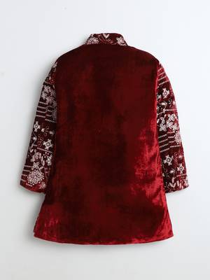 Boys maroon velvet floral vine embroidered sherwani & trousers set with necklace 3
