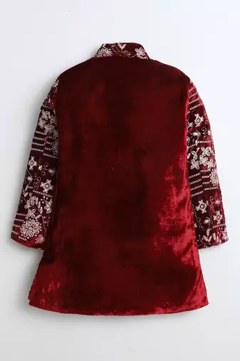 Boys maroon velvet floral vine embroidered sherwani & trousers set with necklace