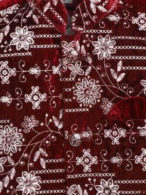 Boys maroon velvet floral vine embroidered sherwani & trousers set with necklace 4