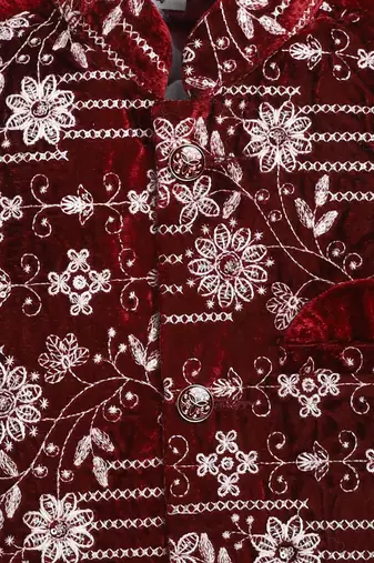 Boys maroon velvet floral vine embroidered sherwani & trousers set with necklace