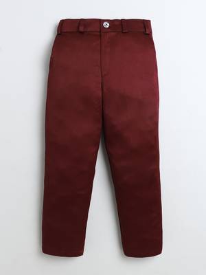 Boys maroon velvet floral vine embroidered sherwani & trousers set with necklace 5