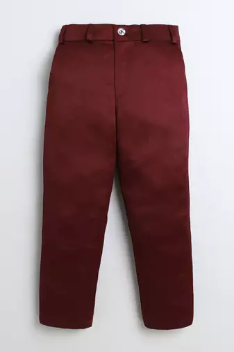 Boys maroon velvet floral vine embroidered sherwani & trousers set with necklace