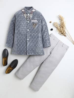 Boys silver grey velvet diamond motifs embroidered sequined sherwani & trousers set with necklace 1
