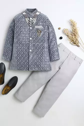Boys silver grey velvet diamond motifs embroidered sequined sherwani & trousers set with necklace