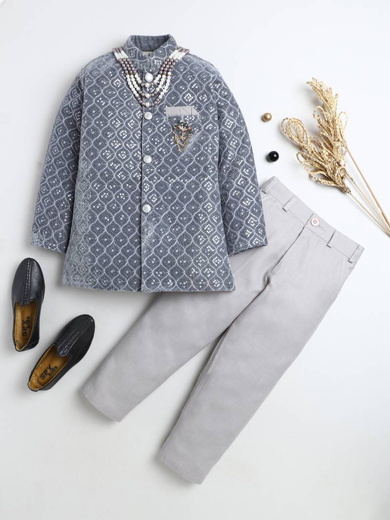 Boys silver grey velvet diamond motifs embroidered sequined sherwani & trousers set with necklace