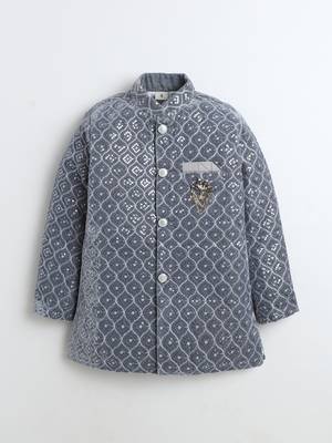 Boys silver grey velvet diamond motifs embroidered sequined sherwani & trousers set with necklace 2