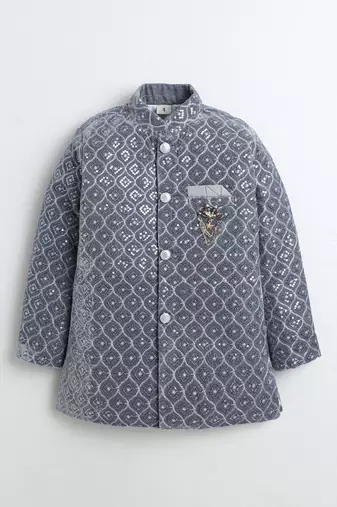 Boys silver grey velvet diamond motifs embroidered sequined sherwani & trousers set with necklace