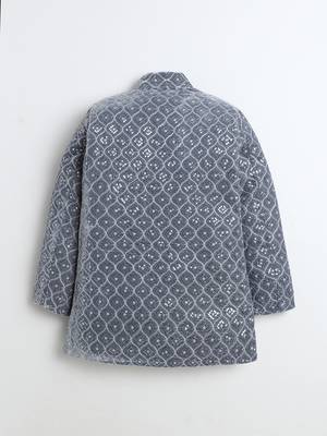 Boys silver grey velvet diamond motifs embroidered sequined sherwani & trousers set with necklace 3