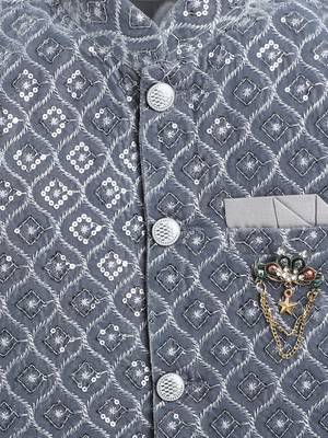 Boys silver grey velvet diamond motifs embroidered sequined sherwani & trousers set with necklace 4